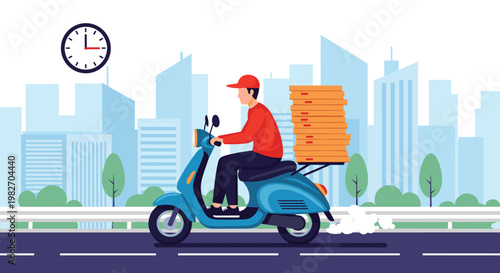 Fast food delivery courier riding a blue scooter with a stack of pizza boxes against a modern city skyline and morning sun.