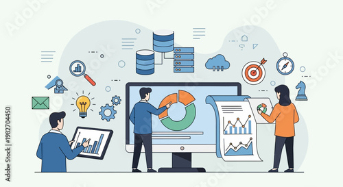 Business analytics team analyzing data charts and graphs on computer screen and tablet