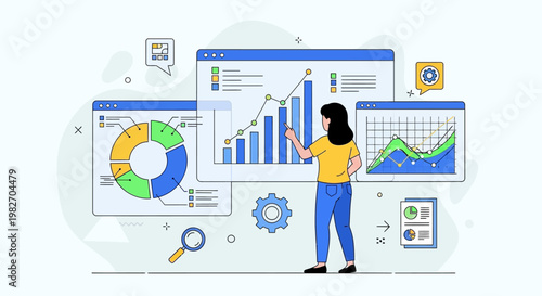 Business analytics, data visualization, charts, graphs, and financial reports on screens