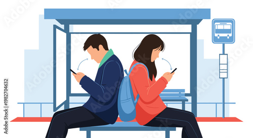 Young couple sitting back to back at a bus stop ignoring each other while being distracted by their mobile smartphones today.