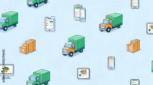 Delivery truck mobile device tablet computer package shipping logistics transportation online order digital checklist green truck seamless pattern