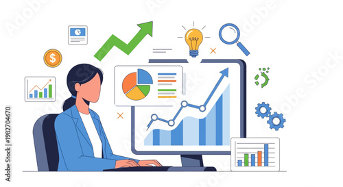 Businesswoman analyzing financial charts on computer, growth strategy, stock market data, analytics