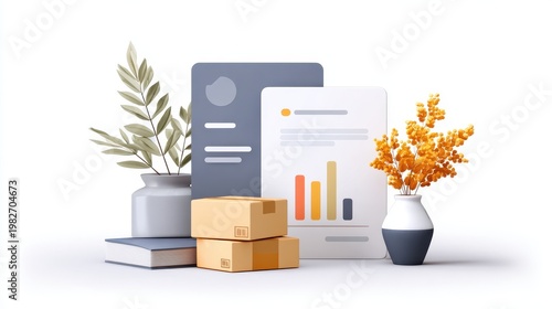 Marketing concept with cardboard box, document with bar chart, book and decorative plants in vase on white background, business growth and analysis idea