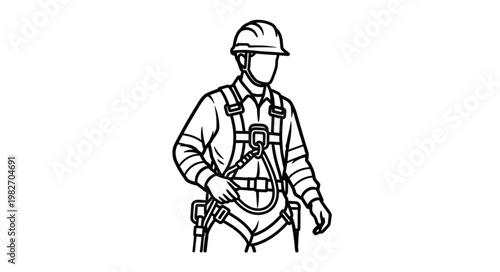 Worker wearing safety harness and helmet for fall protection.
