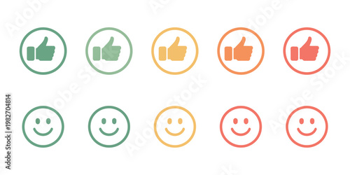 Five levels of feedback icons with thumbs up down and smiley faces rating scale isolated transparent background vector illustration modern design