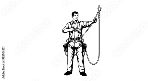 Worker Wearing Safety Harness Connected to Lanyard.