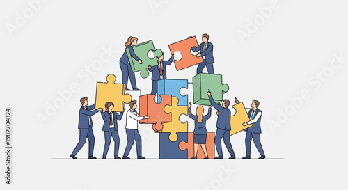 Teamwork puzzle collaboration business people assembling jigsaw pieces together on white background