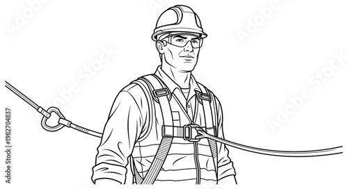 Worker wearing safety harness connected to lifeline.