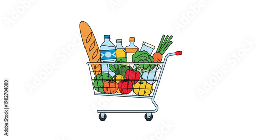 Metal wire shopping cart filled with fresh vegetables, bread, milk, and bottled water for a healthy grocery haul from the store.