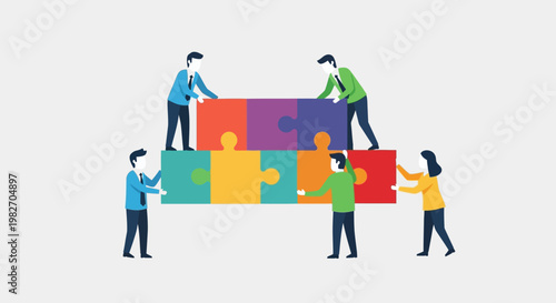 Teamwork puzzle collaboration concept, people assembling jigsaw pieces, business strategy and success