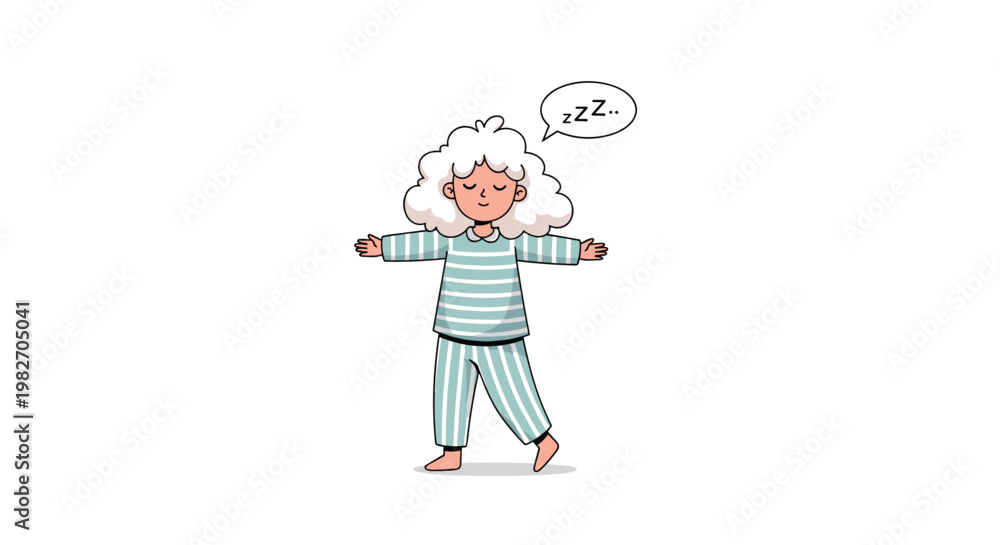 Fototapeta premium Young girl in striped pajamas sleepwalking with her arms extended and eyes closed in a state of deep somnambulism tonight.
