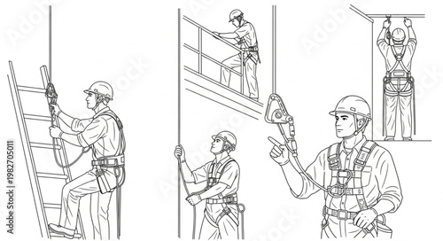 Workers in safety gear performing construction tasks on various structures.