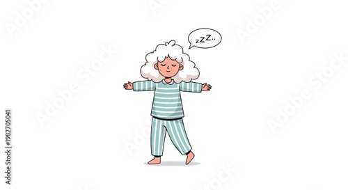 Young girl in striped pajamas sleepwalking with her arms extended and eyes closed in a state of deep somnambulism tonight.