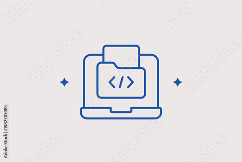 Laptop computer showing a code file facilitates remote software development. Practical Vector Illustration is ideal for freelance programming and engineering concepts.