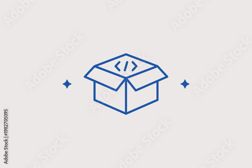Open box with a programming symbol signifies a software package or module. Versatile Vector Illustration is perfect for library installations and distribution themes.