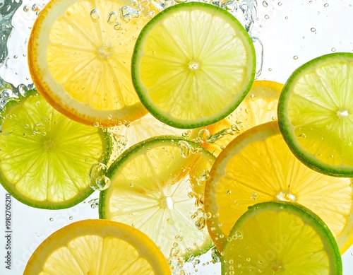 A vibrant and refreshing image of sliced lemons and limes in water with bubbles