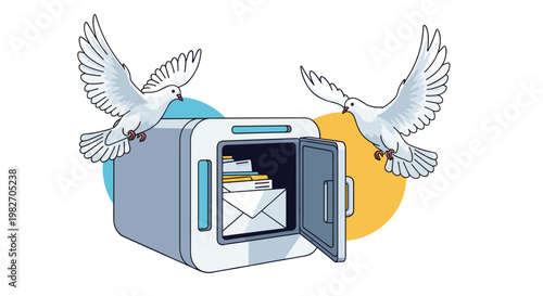 Two white doves or pigeons flying out from an open metal mailbox filled with letters and envelopes representing news delivery.