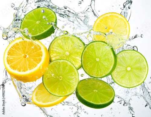 A vibrant arrangement of sliced lemons and limes in splashing water on a white background