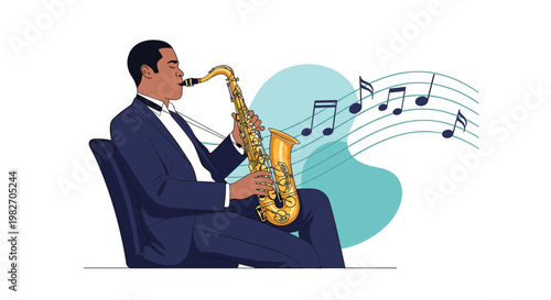 Talented jazz musician sitting and playing a golden saxophone with musical notes flowing in a stylized background artistic set.
