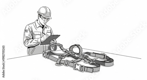 Worker Inspecting Safety Harness Equipment Before Use.