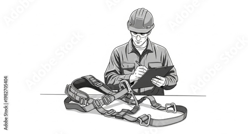Worker Inspecting Safety Harness for Fall Protection.