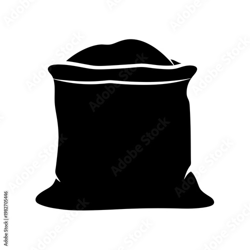 Monochrome illustration of a full burlap sack with top open and contents visible