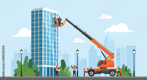 Professional window cleaners working on a high-rise skyscraper using a hydraulic cherry picker crane in a city environment.