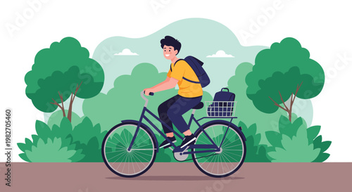 Happy young man riding a blue bicycle along a park trail surrounded by lush green bushes and trees under a cloudy blue sky.