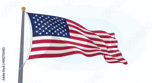 Brightly colored United States of America flag waving on a metal flagpole against a light blue sky with faint white clouds.