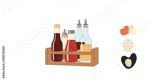 Set of condiment bottles including ketchup and soy sauce organized in a rustic wooden holder for restaurant table service.
