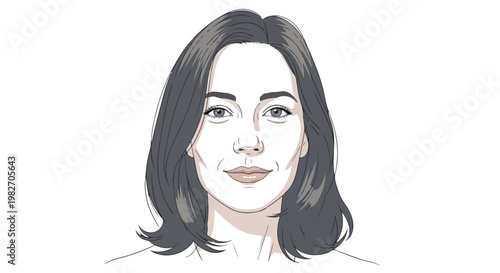 Minimalist line art portrait of a smiling woman, hand drawn female face vector illustration, elegant lady headshot with dark hair and neutral expression