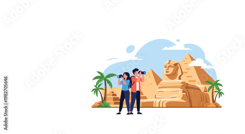 Couple of young tourists with cameras taking photographs of the Great Sphinx and Pyramids of Giza in the Egyptian desert.