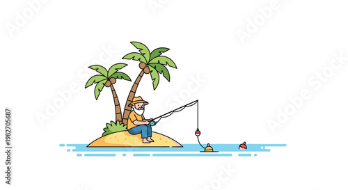 Peaceful elderly man with a white beard sitting on a tiny desert island and fishing under the shade of two tall palm trees.
