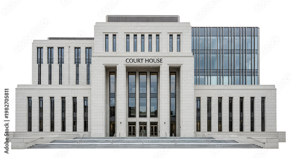 Fototapeta premium A large white courthouse building with a glass facade and columns stands prominently in the city