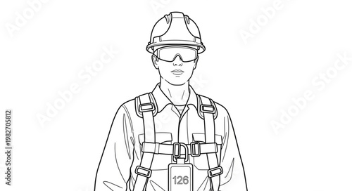 Worker wearing safety harness and hard hat.