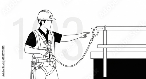 Worker wearing safety harness and connecting to the safety line.