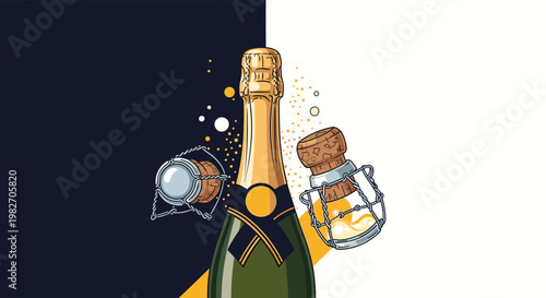 Celebratory green champagne bottle with its corks popping amidst golden bubbles against a dark and white split background.