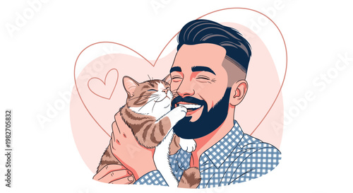 Happy bearded man hugging his fluffy pet cat with a background of floating pink hearts expressing pure love and affection.