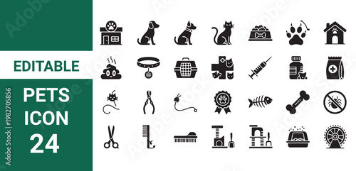 Pet Care Icons, Dog Cat Paw Print Veterinary Tools Grooming Supplies, Animal Welfare Symbols, Vet Clinic,
