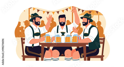 Three happy men wearing traditional Bavarian Lederhosen drinking large mugs of beer at an Oktoberfest festival celebration.