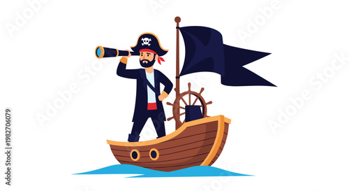 Brave pirate captain stands on a small wooden boat using a telescope to navigate the sea while a black flag flies from the mast.
