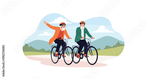 Two active senior men ride bicycles along a scenic road through green hills and mountains while wearing protective helmets and gear.