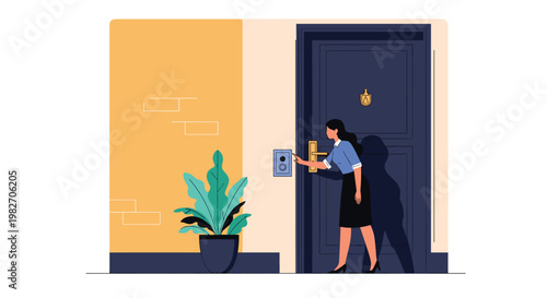 Professional woman uses a digital security keypad and intercom system to enter a building while standing at a dark blue front door.