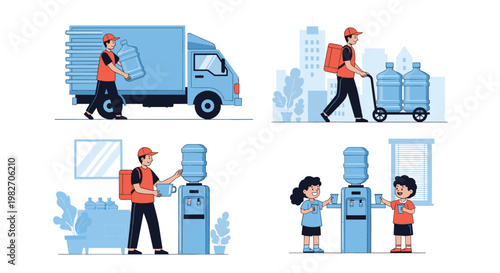 Professional water delivery service provides fresh drinking water to homes and offices using a specialized truck and water coolers.