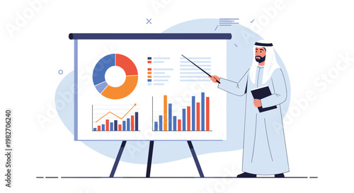 Middle Eastern businessman in a traditional white robe gives a professional presentation using charts and graphs on a large whiteboard.