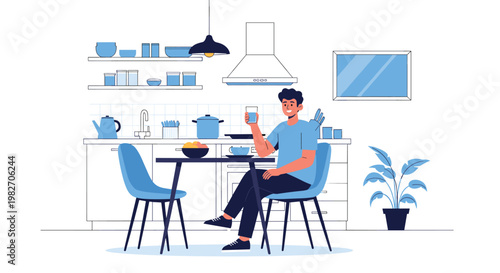 Young man sits at a dining table in a clean modern kitchen while drinking a refreshing glass of water and preparing for a healthy meal.