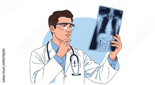 Focused male doctor wearing a white lab coat and protective glasses examines a chest x-ray film to diagnose a patient in a clinic.