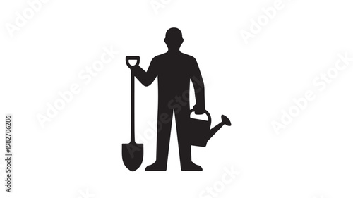 Black Silhouette Of Man Holding Shovel And Watering Can On White Background For Gardening Concepts