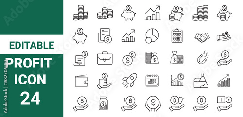 Profit icon set. Containing money, finance, growth, investment, cash, income, savings, earnings, management,