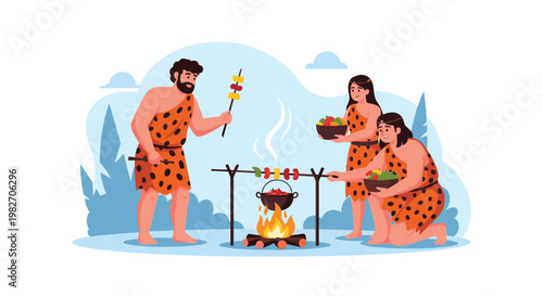 Prehistoric caveman family cooks skewers and a pot of food over a glowing campfire in a rugged mountain landscape during the stone age.